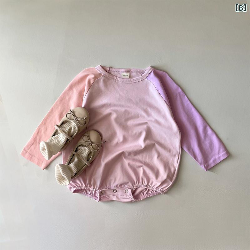 ロンパース ベビー 男女兼用 配色切り替え 長袖 プルオーバー ラグランスリーブ 薄手 綿 再生繊維 新生児 肌に優しい 安全基準Aクラス 春秋 カジュアル ルームウェア 2