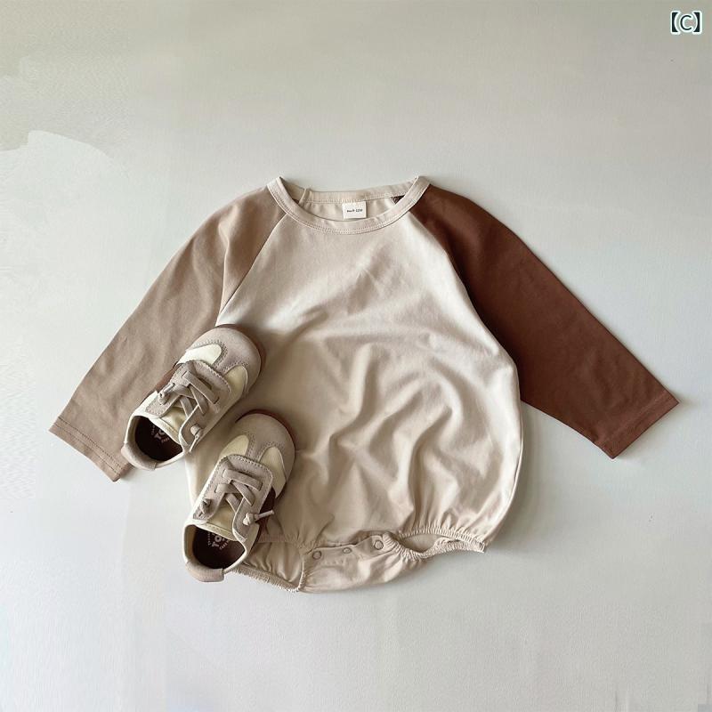 ロンパース ベビー 男女兼用 配色切り替え 長袖 プルオーバー ラグランスリーブ 薄手 綿 再生繊維 新生児 肌に優しい 安全基準Aクラス 春秋 カジュアル ルームウェア 3