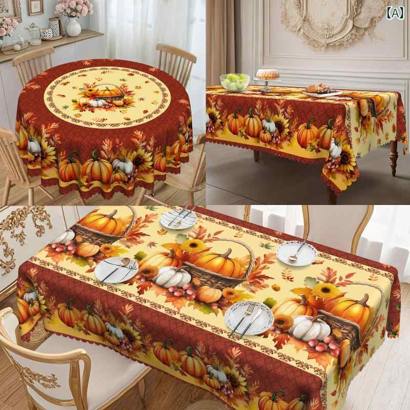 テーブルクロス 秋 感謝祭 もみじ カボチャ ひまわり柄 ポリエステル製 円形 撥水 防油 おしゃれ レト..
