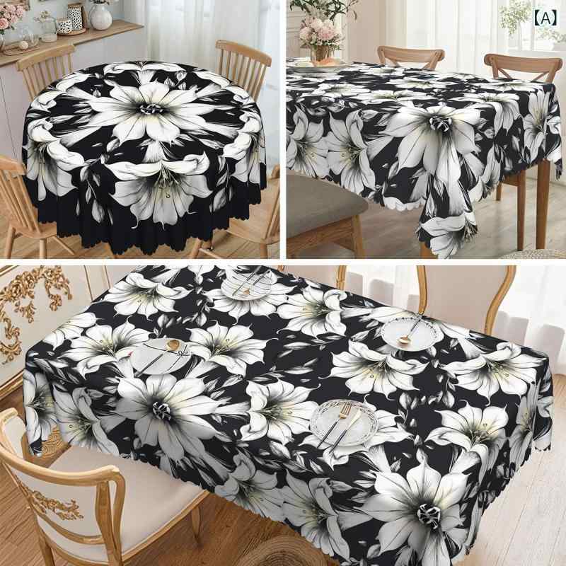 テーブルクロス 食卓カバー ダイニングクロス ポリエステル 円形 丸型 エレガント 上品 白黒 モノトーン 花柄 植物柄 プリント レトロ風 防水 はっ水 防油 ウォッシャブル 洗える リビング キッチン用(x2)