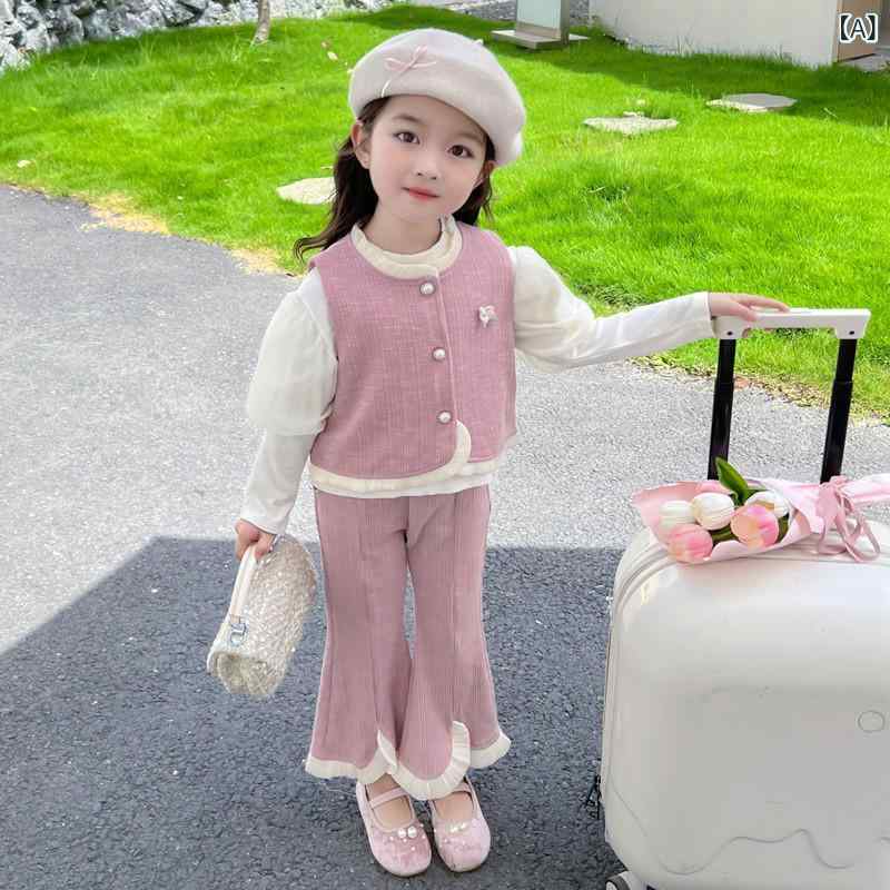 セットアップ 女の子 キッズ ガールズ 春秋 3点セット スリーピース 長袖 パフスリーブ ベスト ジレ フレアパンツ ロングパンツ おしゃれ かわいい カジュアル 普段着 お出かけ ポリエステル混 ピンク
