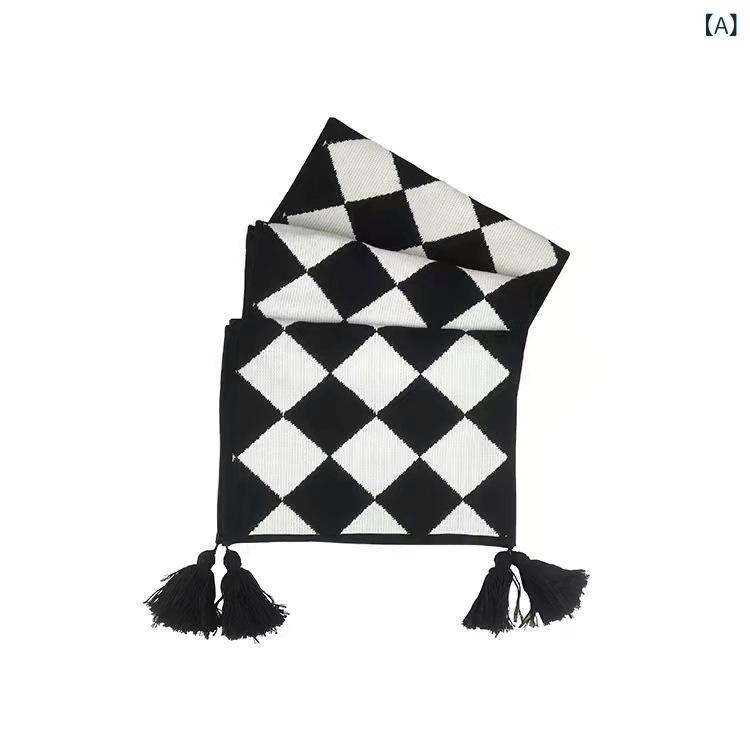 Table Runners - テーブルランナー 綿麻 コットンリネン 黒白格子 モノトーンチェック柄 フリンジ タッセル ロング 長方形 ダイニングテーブル コーヒーテーブル リビング おしゃれ モダン シンプル マルチカバー ピアノカバー