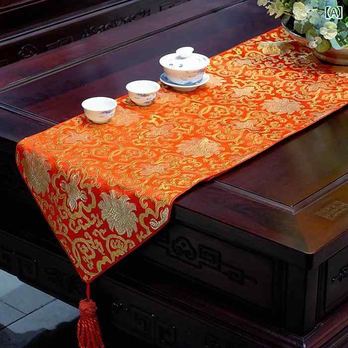テーブルランナー レッド ポリエステル シルクサテン調 中華風 オリエンタル レトロ クラシック 刺繍 ..