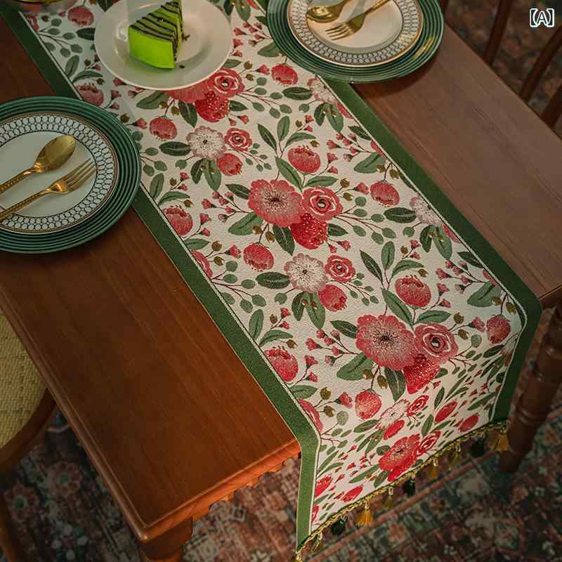 テーブルランナー アメリカン スタイル 高級感 田園 カントリー ナチュラル 花柄 フラワー フリンジ タ..