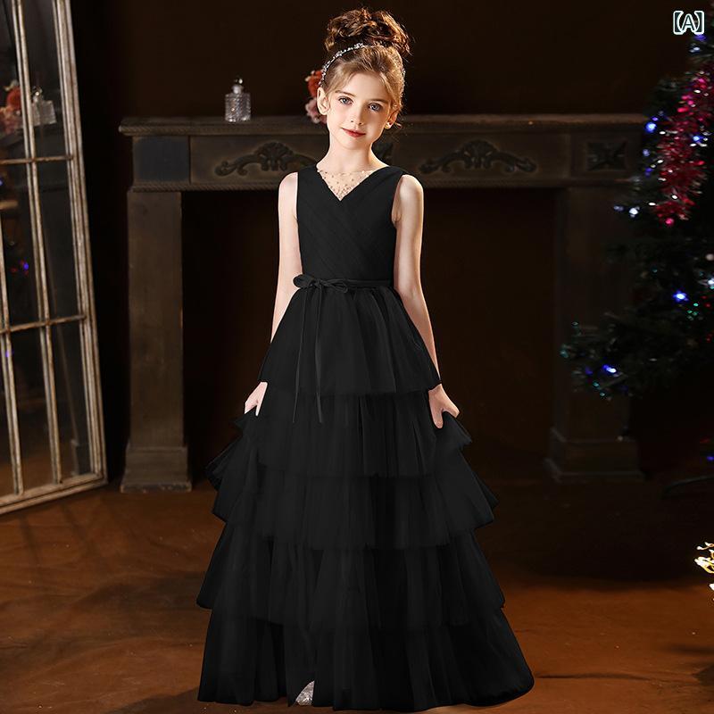 ドレス 女の子 ジュニア プリンセス フォーマル ピアノ発表会 ステージ衣装 司会 演奏会 ブラック ピンク ポリエステル ロング丈 高級感 軽やか