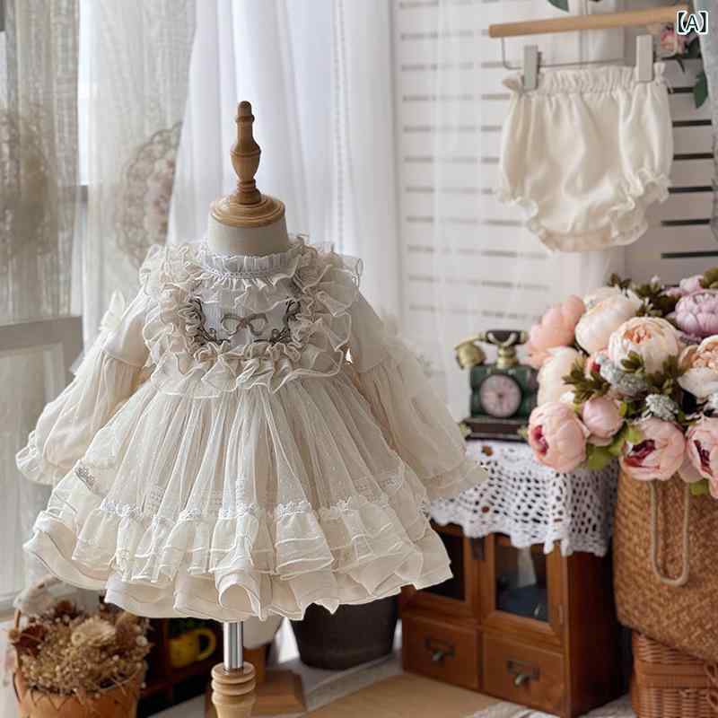 ドレス 女の子 ベビー ロリータ プリンセス ふわふわ チュールスカート 1歳 バースデー セレモニー スペイン風 春秋冬 シャンパンカラー ポリエステル