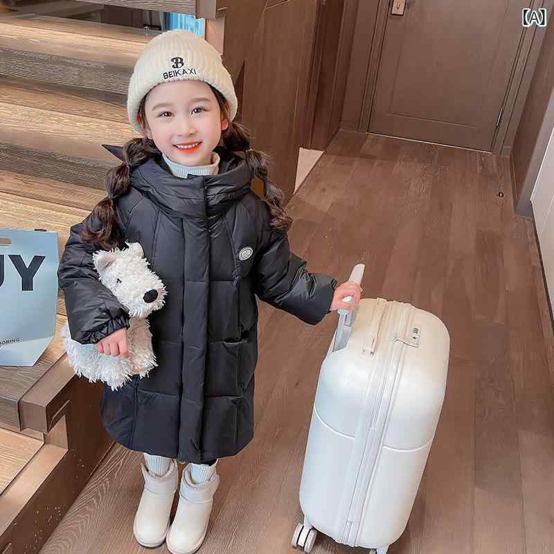 ダウンコート キッズ 女の子 フード付き ミドル丈 ゆったり 秋冬 ホワイトダックダウン 保温 防寒 厚手 韓国風 おしゃれ かわいい 普段使い 通学 お出かけ ブラック ピンク イエロー
