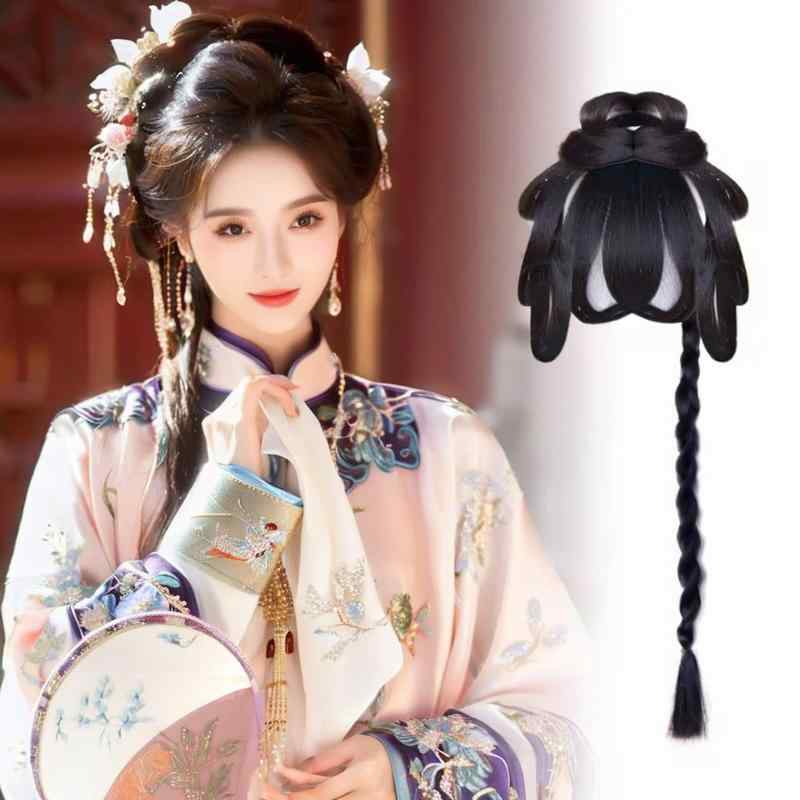 ウィッグ レディース ハーフウィッグ お団子 つけ毛 シニヨン ヘアピース 漢服 中華風 ポニーテール 三つ編み ヘアアレンジ 浴衣 社交ダンス 和装 着物 成人式 七五三 撮影用 舞台 コスプレ 簡単装着簡単取付 ブラック