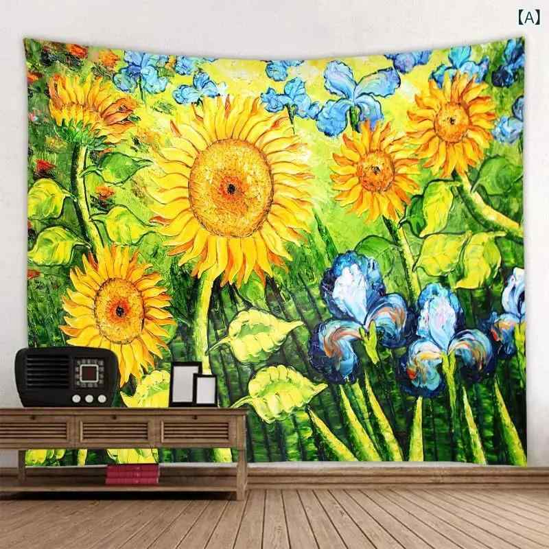 タペストリー ひまわり 黄色 イエロー 油絵風 レトロ ヴィンテージ ボヘミアン アート 花柄 フラワー リビング 居間 寝室 ベッドルーム 壁掛け インテリア 装飾 ポリエステル