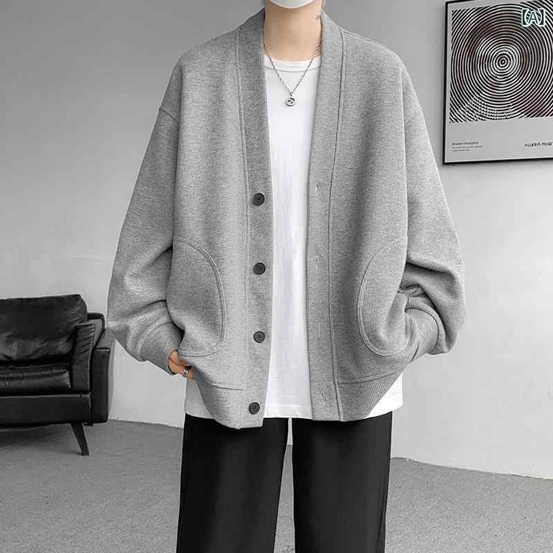 カーディガン メンズ 春秋 ワッフルニット 無地 Vネック ボタン 大きいサイズ ビッグシルエット ドロップショルダー アウター 羽織り カジュアル 普段使い 定番色