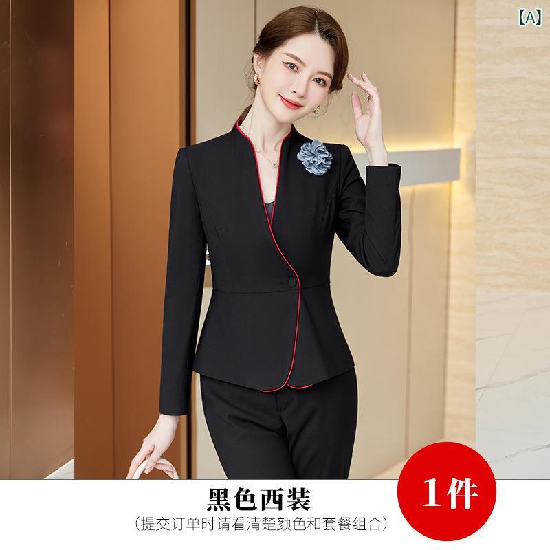 Rakuten - セットアップ レディース 長袖 スーツ ビジネス オフィス 制服 事務服 サービス業 ホテル 受付 宝飾店 美容院 エステ フォーマル 秋冬 黒 紺 グレー パンツ スカート 美シルエット 上品 エレガント ポリエステル ストレッチ