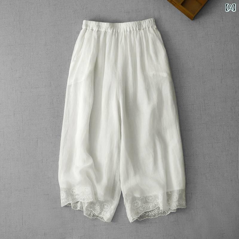 Other - パンツ レディース 七分丈 クロップド丈 ワイドパンツ レース刺繍 綿混 薄手 接触冷感 涼しい 快適 カジュアル 普段使い 通勤 オフィス きれいめ 春夏