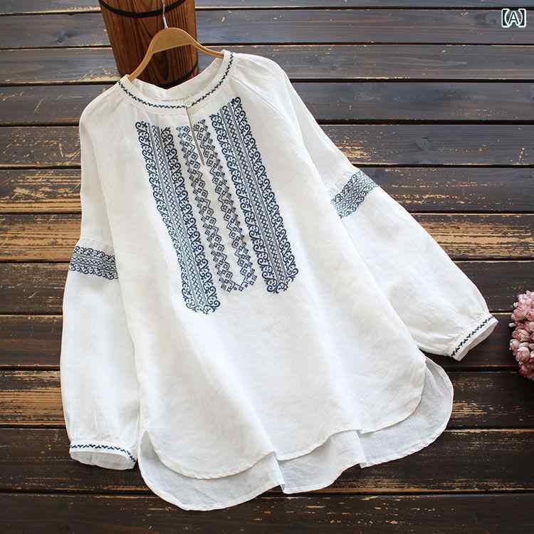 シャツ レディース 春秋 レトロ 刺繍 ラウンドネック ミドル丈 綿100% プルオーバー ゆったり 長袖 ブラウス 通勤 オフィスカジュアル