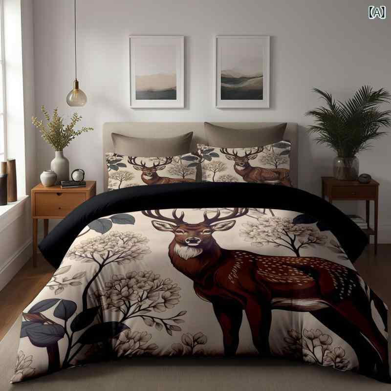 寝具 掛け布団カバー 枕カバー 3点セット 北欧風 花柄 エルク柄 3Dデジタルプリント ポリエステル製 起..