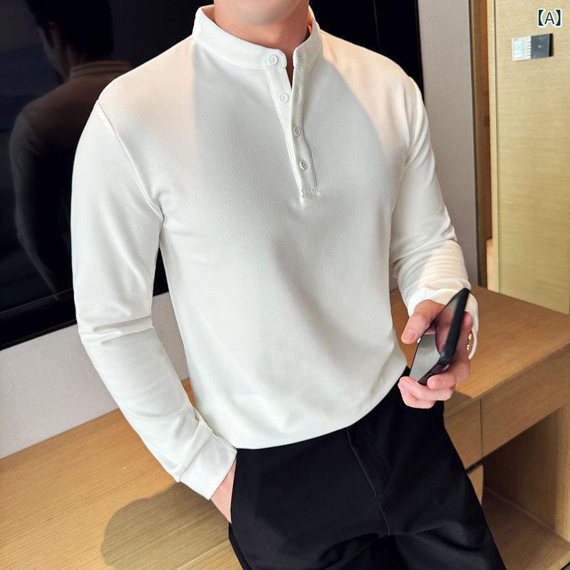 Tシャツ メンズ 男性用 長袖 トップス モックネック スタンドカラー スリムフィット 無地 インナー カットソー ポリエステル 通気性 普段使い デイリーユース 春秋 アイロン不要 シワになりにくい