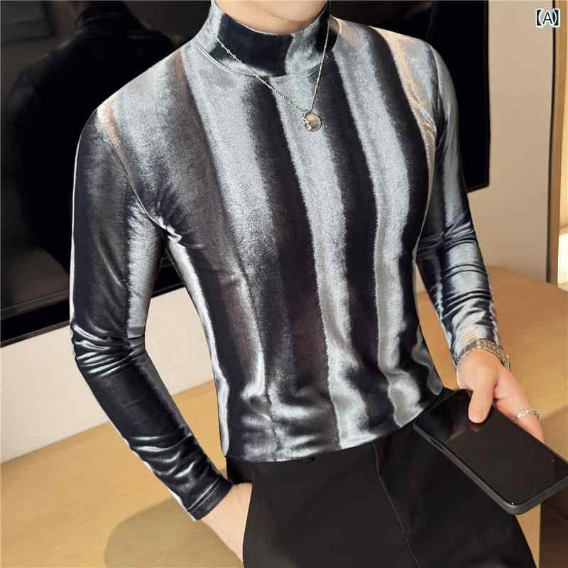 Tシャツ メンズ 男性 ベロア素材 長袖 セミハイネック プリーツデザイン スリムフィット カットソー トップス インナー 韓国風 無地 通気性 防シワ デイリーユース 秋冬 春夏 グレー ブラック ブラウン