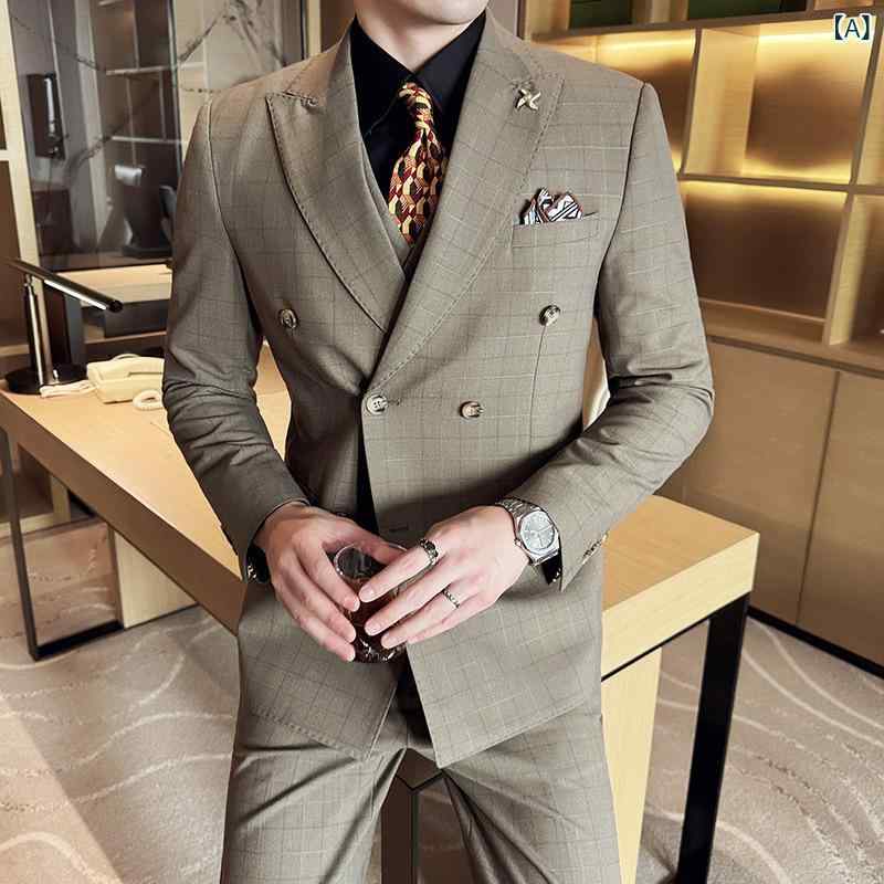スーツ メンズ 通勤 ビジネス フォーマル 結婚式 新郎 ピークドラペル ダブルブレスト チェック柄 スリーピース ポリエステル混紡 イージーケア スリムフィット 春秋 グリーン系(4.0)