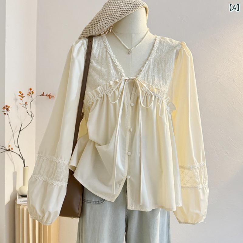 ブラウス レディース フレンチシック リボン レース Vネック ランタンスリーブ ゆったり デザイン 上品 チュニック きれいめ 通勤 オフィス カジュアル 秋 ベージュ