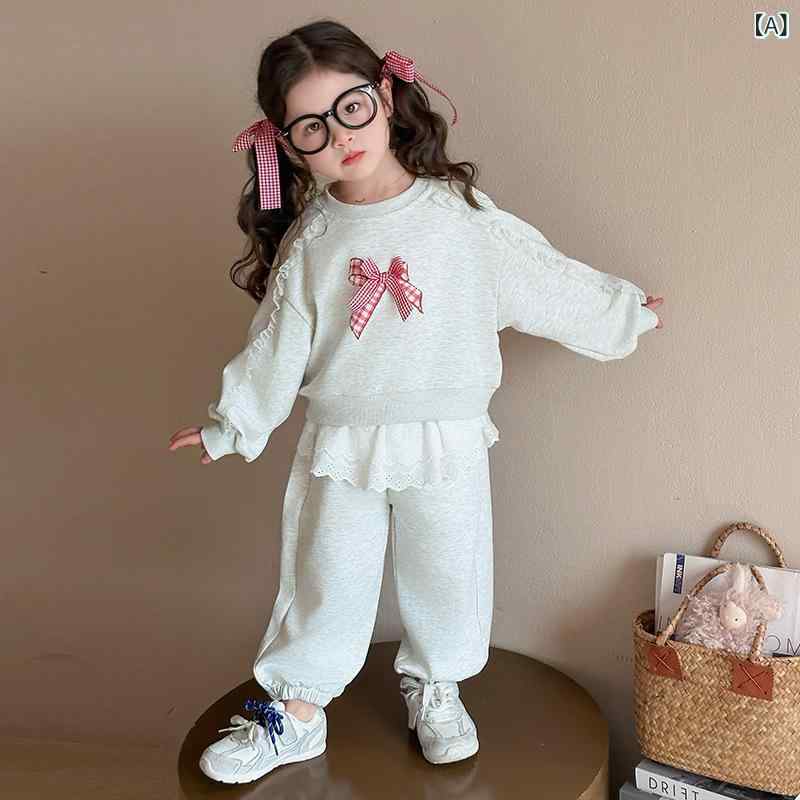 キッズ ベビー 女の子 セットアップ スウィート かわいい 長袖 スウェットトレーナー リボン レース スカート付きレギンス スカッツ 上下セット 綿混 コットンブレンド 春秋 カジュアル 普段使い ライトグレー