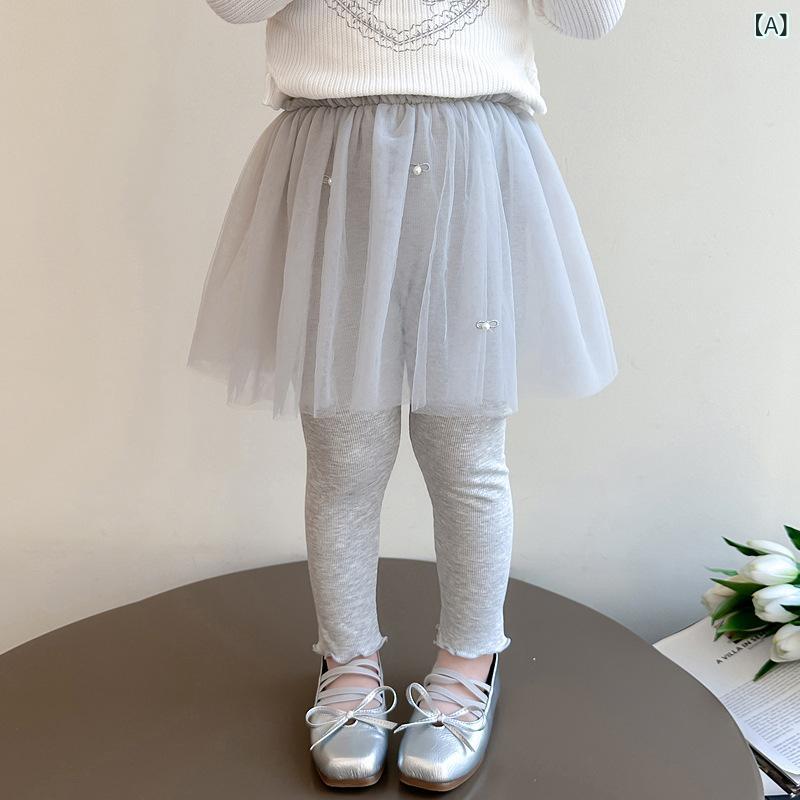 スカッツ 女の子 キッズ 春夏 秋冬 レギンス スパッツ ロングパンツ フェイクレイヤード 重ね着風 チュールスカート フレアスカート スリム ポリエステル 普段使い おしゃれ かわいい