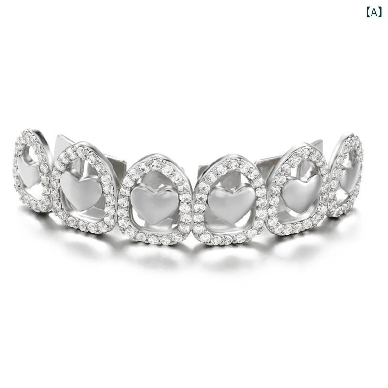 髮簪 - グリルズ ユニセックス 歯飾り 銅製 ジルコニア 金メッキ ハート型 透かし彫り トゥースアクセサリー ヒップホップ ストリート カジュアル おしゃれ ファッションアイテム