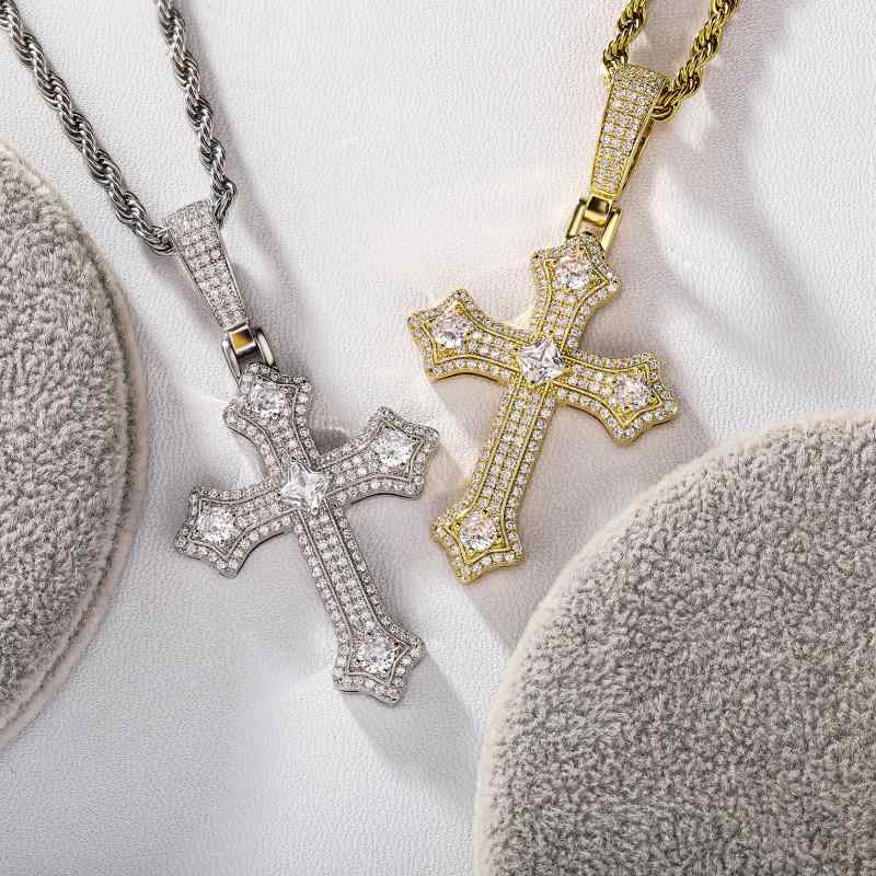 ネックレス ユニセックス ストリート ヒップホップ クロス ジルコニア ペンダント レトロ 個性的 ファッション アクセサリー 銅製 ゴールド シルバー