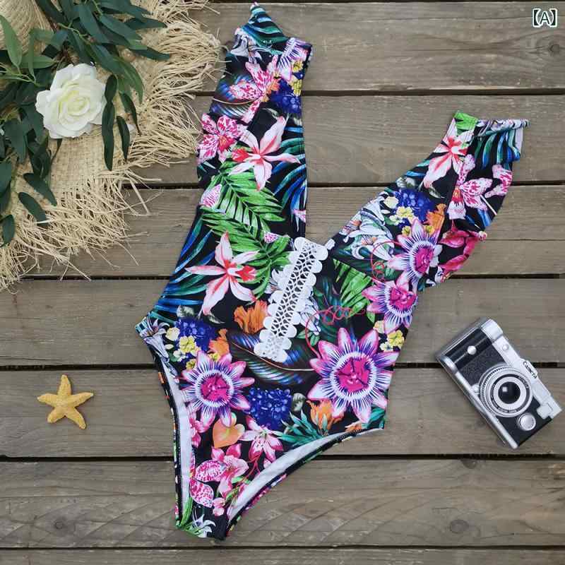 水着 レディース ワンピース バックオープン バックシャン 背中開き レース ハイウエスト 花柄 フリル 深Vネック 体型カバー セクシー パッド付き 伸縮性 速乾 海 プール ビーチ