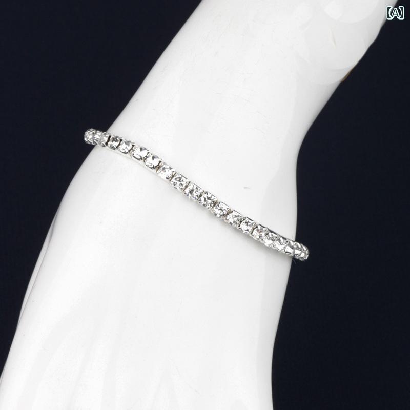 ブレスレット レディース 単列 二列 三列 四列 ラインストーン 伸縮性 ホワイト ガラス 腕輪 電気メッ..