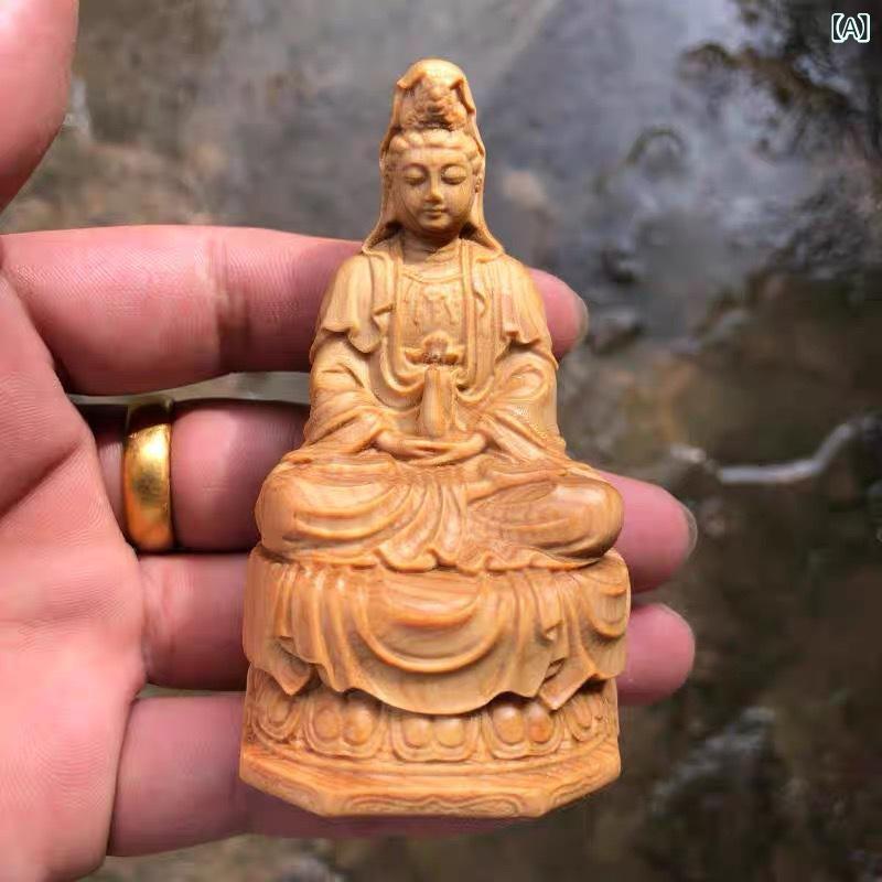 置物 小葉黄楊木彫り 蓮華座 浄瓶観音菩薩像 アンティーク調 新中式スタイル 精密細工 手彫り ミニ仏像 家庭用 仏壇 リビング 玄関 供養 開運 縁起物 風水 オブジェ