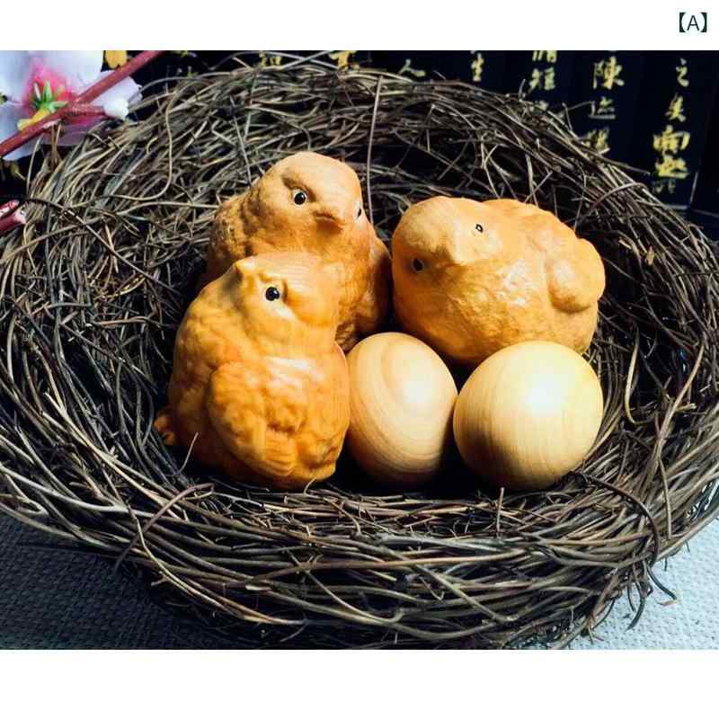 木彫り 南米ツゲ ひよこ 親子 鳥の巣型 卓上飾り デスクオブジェ インテリア雑貨 プレゼント ギフト 木製工芸品 新中式スタイル 精巧な造り