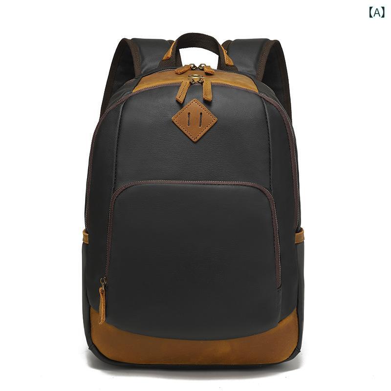 リュックサック バックパック 男女兼用 欧米風 レトロ ヴィンテージ調 旅行 学生 通学 通勤 デイリーユース 防水 大容量 16インチPC対応 ワックスキャンバス 本革 牛革 ブラック ブラウン カーキ ダークグレー