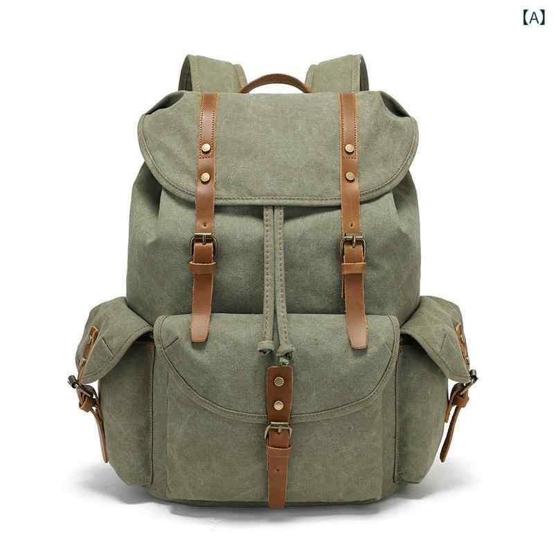 リュックサック ユニセックス 学生用 バックパック 通勤 通学 アウトドア 旅行 レトロ ワックスキャンバス 帆布 撥水加工 PC収納 負担軽減 大容量 カーキ ブラウン
