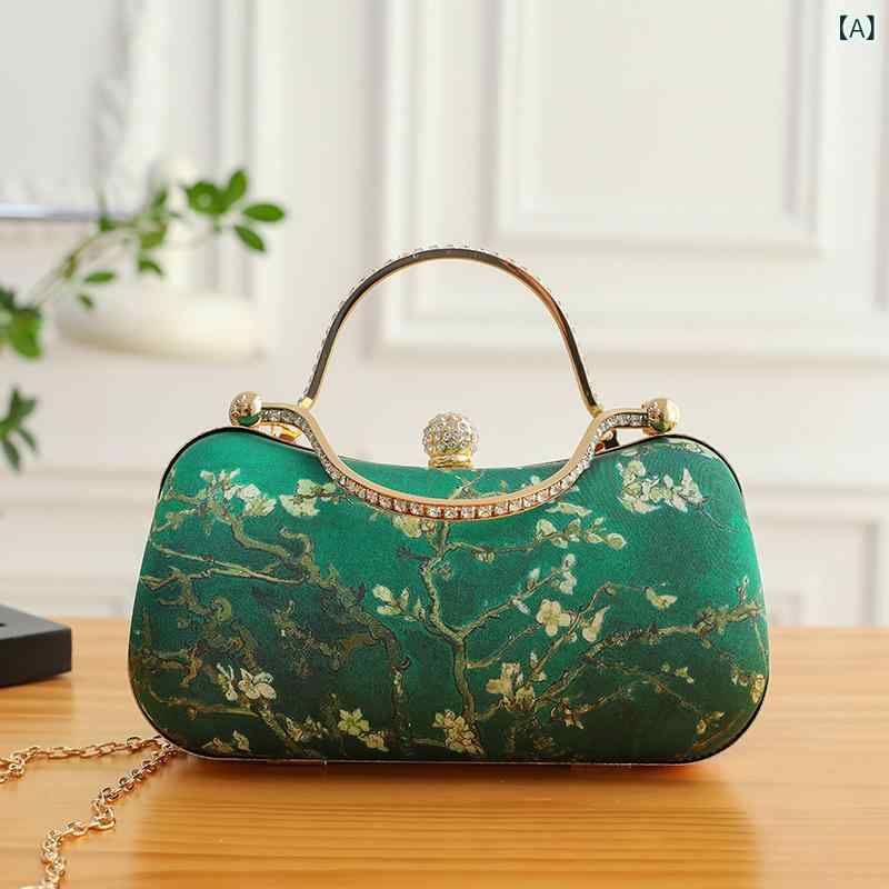 鞄 レディース ハンドバッグ ショルダーバッグ 斜め掛け クラッチバッグ パーティーバッグ イブニングバッグ 上品 名画デザイン 欧米風 レトロ シェル型 円筒形 ロック金具 普段使い デイリー ポリエステル