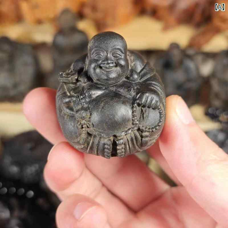 置物 笑い弥勒仏 インドネシア沈香木 無垢材 木彫 4cm 和合 円満 招福 開運 仏像 彫刻 オブジェ インテリア 飾り ギフト 贈り物 高級感