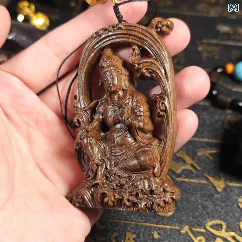 仏像 インドネシア産 沈香木 天然木 無垢材 手彫り 精巧彫刻 水月観音 菩薩像 開運 厄除け お守り ペンダント 車内飾り カーアクセサリー 高級感 インテリア