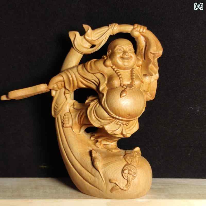 置物 崖柏木 天然無垢材 木彫り 躍動弥勒仏像 新中式スタイル 車内飾り インテリア オブジェ 手彫り 精巧細工 縁起物 癒し 高級感 コレクション 卓上