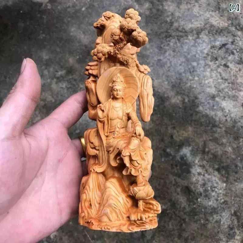 置物 ツゲ 自在観音 仏像 松の木の下 木彫り 高さ18cm 木製 透かし彫り 新中式 飾り物 インテリア コレクション オブジェ 開運 縁起物