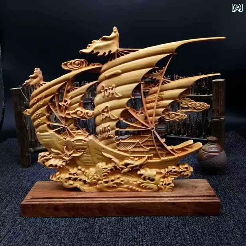 置物 崖柏 天然木 無垢材 木彫り 透かし彫り 両面彫刻 一帆風順 順風満帆 開運 縁起物 新中華風 台座付き インテリア オブジェ 飾り物 ギフト