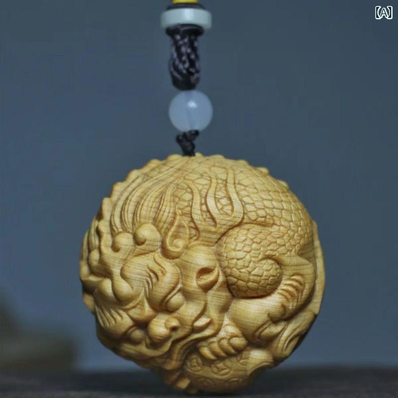 木彫り置物 男性用 縁起物 貔貅 玉持ち 崖柏 小葉紫檀 小葉黄楊 円形彫刻 扁平丸型 開運 ラッキーアイテム 運気上昇 万願成就 新中国スタイル 文玩 コレクション