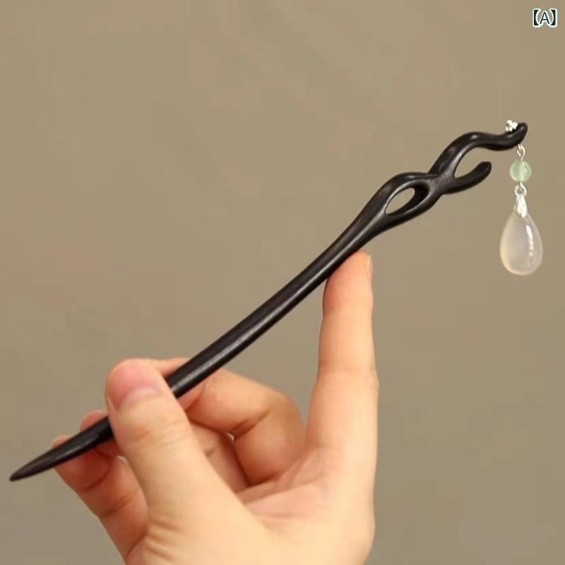 簪 黒檀 天然木 手作り ハンドメイド 玉石飾り 揺れるデザイン タッセル 房飾り シンプル まとめ髪 ア..