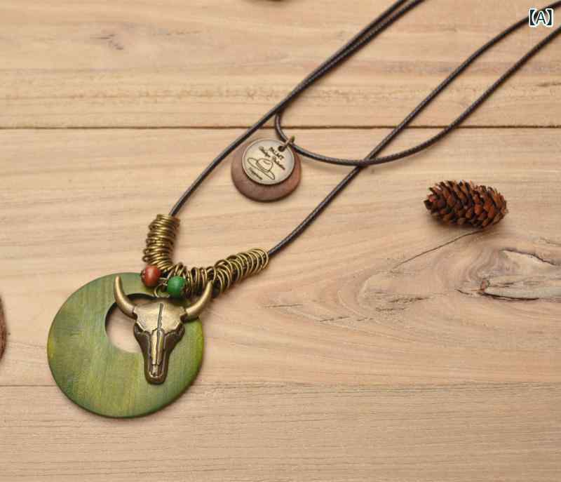 ネックレス レディース ロング ワックスコード 蝋引き紐 幾何学 牛モチーフ レトロ アンティーク 多層 ..