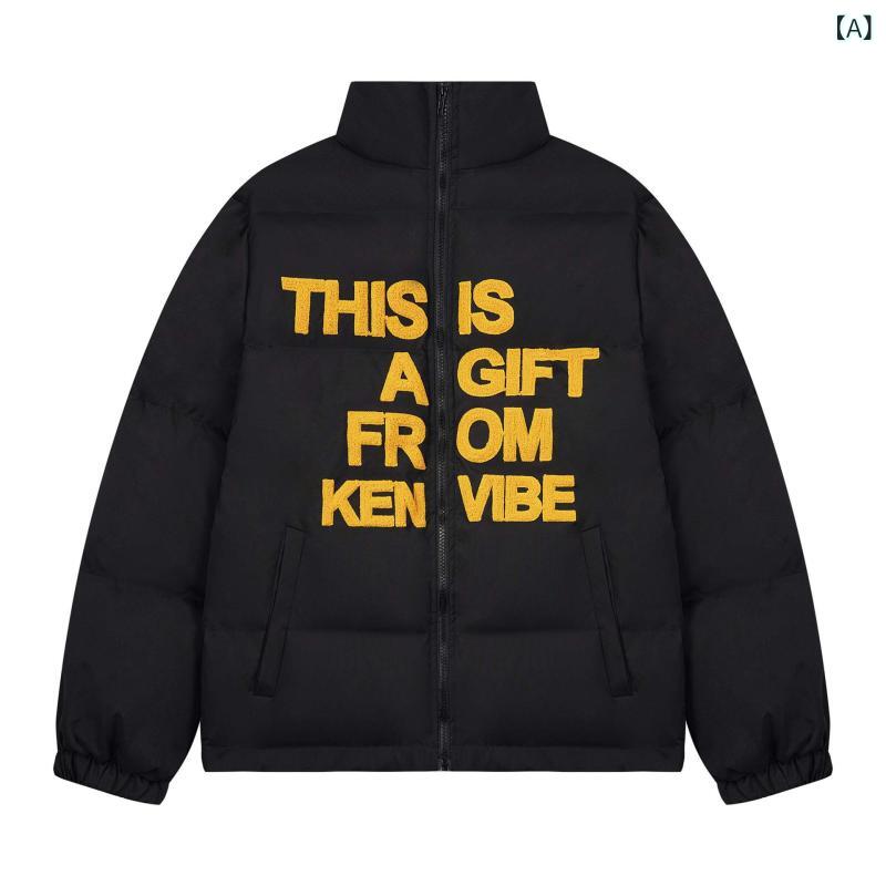 ・カテゴリ: 中綿ジャケット・スタイル: 高街・主素材: ポリエステル100%・裏地素材: ポリエステル100%・中綿: コットン・厚さ: 厚手・柄: 無地・前立て: ジッパー・襟元: スタンドカラー・着丈: ミドル丈 (65-80cm)・フィット: ルーズ・デザイン詳細: バイカラー・ポケットスタイル: サイドポケット・裾デザイン: ストレートヘム・加工: 刺繡・着用シーン: カジュアル・対象: 青少年・性別: 男性・カラー展開: ブラック、イエロー、アプリコット・サイズ展開: M、L、XL