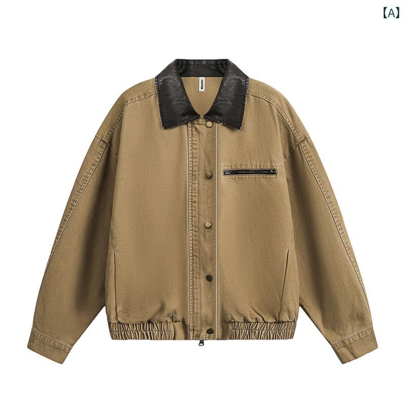 ジャケット メンズ レトロ デニム ユーズド加工 ショート丈 ストリート パンク 切り替え バイカラー PUレザー 合成皮革 テーラードカラ..