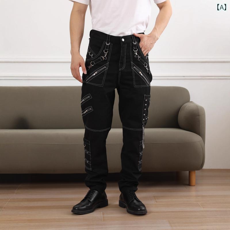 パンツ メンズ ゴシック パンク ロック ストリート ダンス チェーン装飾 アイレット カーゴパンツ デニム コットン ノンストレッチ ルーズフィット カジュアル ボトムス 春秋 ブラック