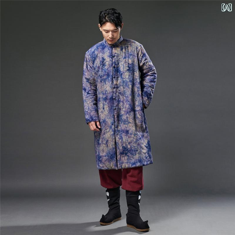 アウター メンズ 男性用 秋冬 エスニック オリエンタル ヴィンテージ風 絞り染め 中綿入りロングカーディガン デイリーユース 羽織り 麻混 ポリエステル ブルー