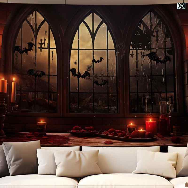 タペストリー 壁掛け ハロウィン ホラー ゴシック 不気味 中世 吸血鬼 城 窓風 背景 写真 装飾 ポリエステル製 デジタルプリント 高画質 リビング 寝室 書斎 子供部屋 イベント飾り ウォッシャブル