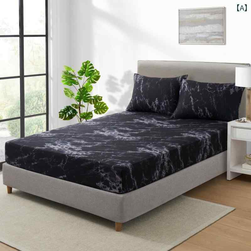 ベッドシーツ ボックスシーツ フィットシーツ ベッドカバー ブラック ホワイト 大理石柄 マーブル調 3D..