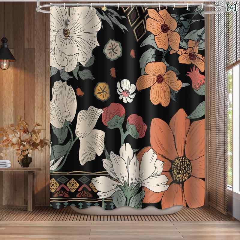 シャワーカーテン 黒 ブラック ボヘミアン風 花柄 フラワー モダン シック 抽象柄 アブストラクト バスルーム 浴室 防水 撥水 防カビ フック付き セット