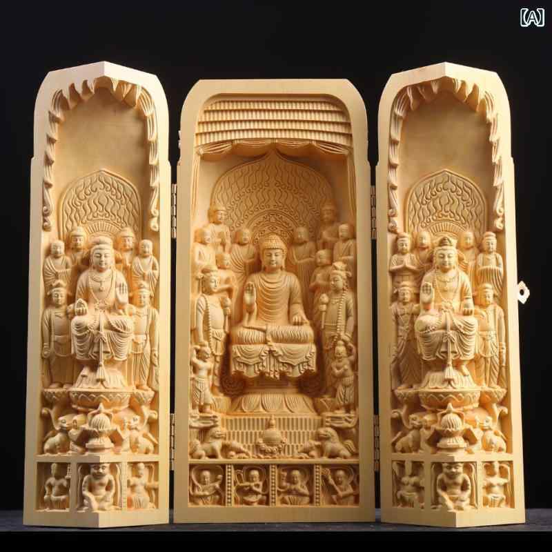 仏像 万仏朝宗 三聖観音 黄楊木彫り ツゲ 天然木 無垢材 携帯仏龕 持ち運び仏壇 ミニ仏壇 三つ折り コンパクト インテリア置物 卓上 オブジェ 開運 縁起物 供養 癒やし