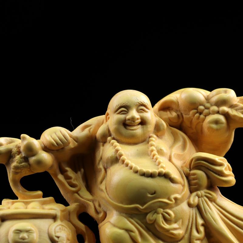 置物 黄楊木彫刻 布袋様 弥勒仏像 笑い仏 金運 財運 招福 縁起物 車載 家庭用 オフィス デスク インテリア オブジェ フィギュア